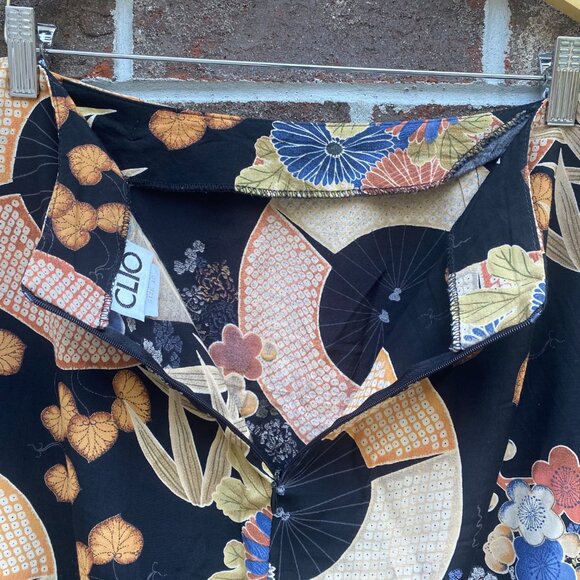 Vintage Clio Skirt Sz 10 Black Floral Umbrella Print Midi Asian Inspired Boho - Picture 12 of 14